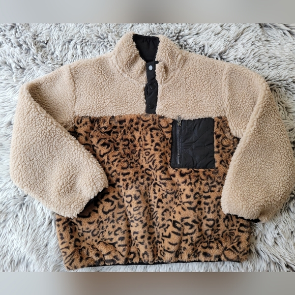 Rails Faux Leopard Fur Sherpa Paneled Pullover Jacket Size Small - Picture 3 of 11
